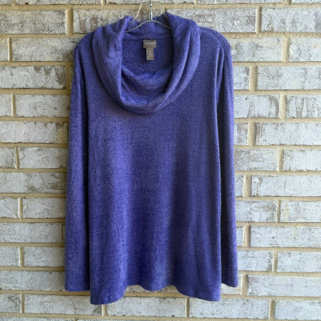 Chico's Long Sleeve Cowl Neck Purple Soft Fuzzy Sweater Women's Size 3 (Xl).